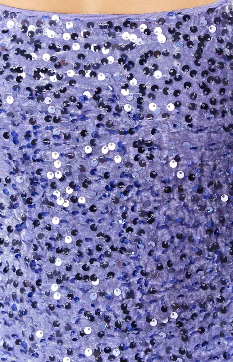 Lilac sequin mini dress with a square neckline, wide straps, and all-over ruched texture