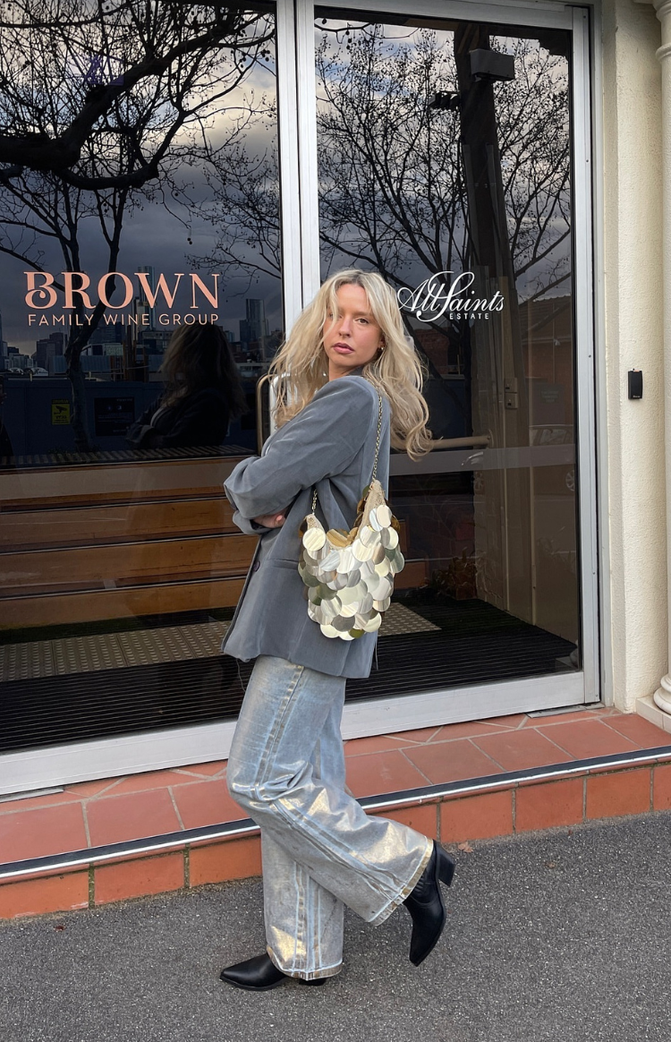 Beginning Boutique Chrome Cascade Gold Metallic Jeans gold metallic wide-leg jeans with a relaxed fit
