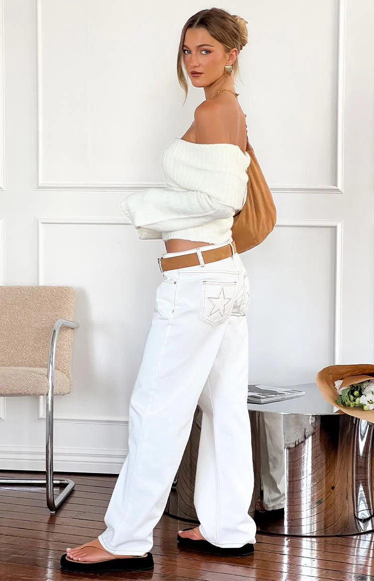 Clara Star White Denim Low Rise Jeans