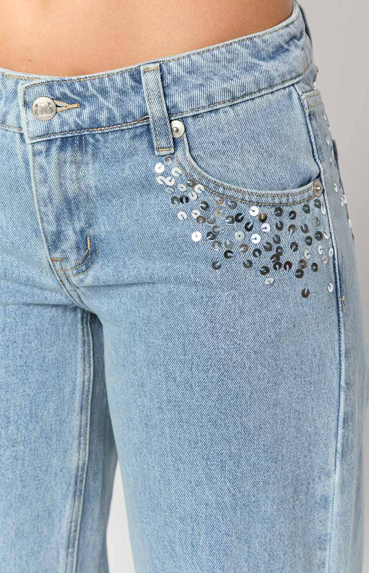 Clara Sequin Light Wash Denim Low Rise Jeans Image