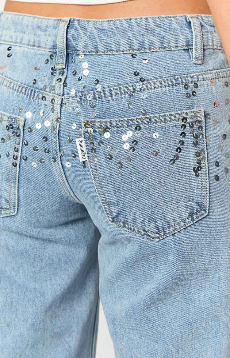 Clara Sequin Light Wash Denim Low Rise Jeans Image