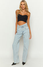 Cropped black knit corset top featuring a strapless sweetheart neckline and ribbed texture