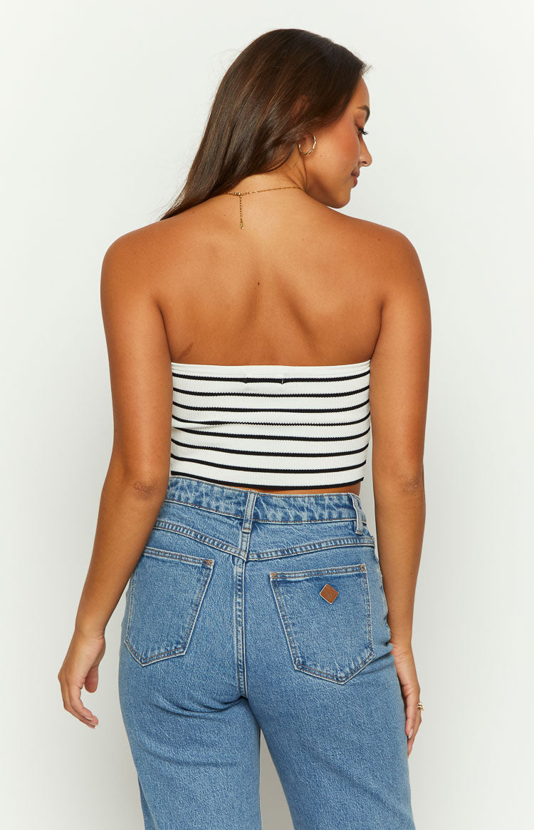Rear view of the black and white striped knit corset top, showing the close-fitting strapless design and ribbed texture