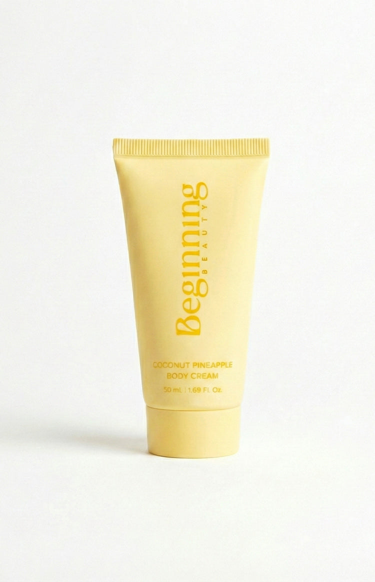 Beginning Boutique Coconut And Pineapple Body Cream (FREE over $180) yellow squeeze tube with 'Beginning Beauty' logo