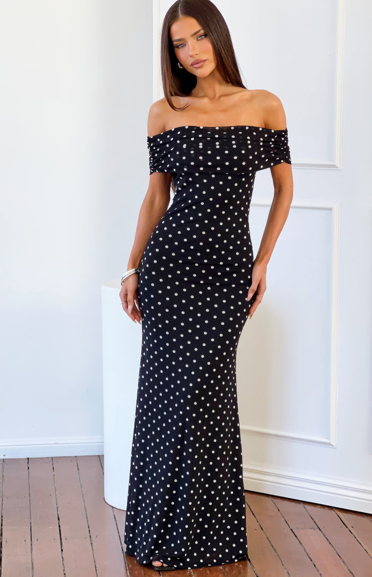 Beginning Boutique Cole Black Polka Mesh Maxi Dress black mesh white polka dot off-shoulder ruched sleeve fitted maxi