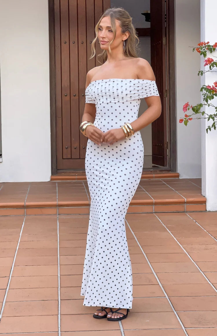 Cole White Polka Mesh Maxi Dress