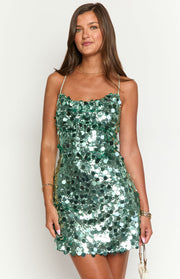Front view of an aqua sequin mini dress with a draped cowl neckline and thin spaghetti straps