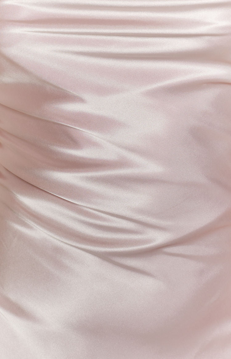 Blush pink satin-look mini dress with a cowl neckline and criss-cross tie back