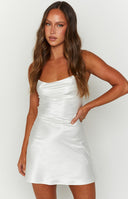 Beginning Boutique Come and Get It White Party Dress white satin mini dress with spaghetti straps and a lace-up open back