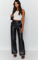 Cool Shade black PU pants with a high waist, wide leg, front button closure, and side pockets