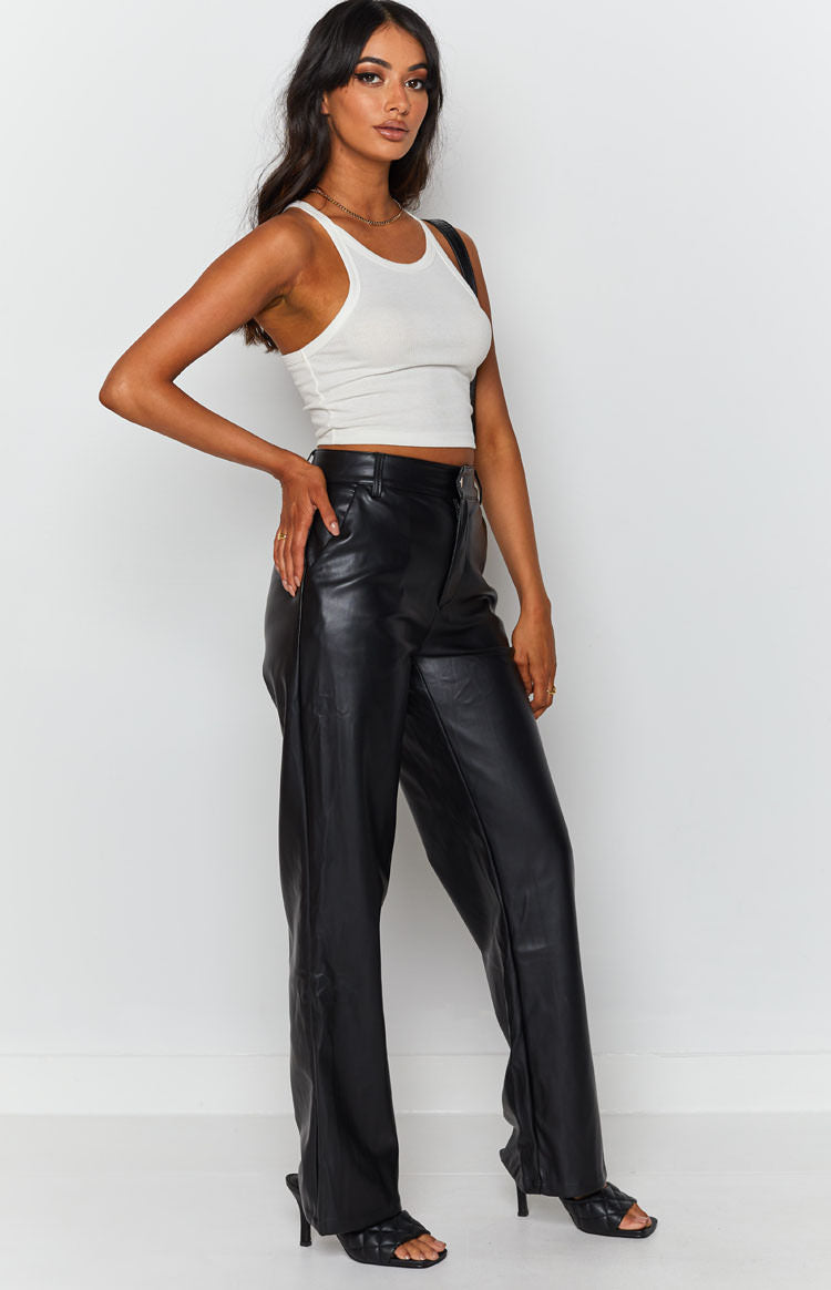 Black high-waisted PU pants with a relaxed straight leg fit and smooth finish