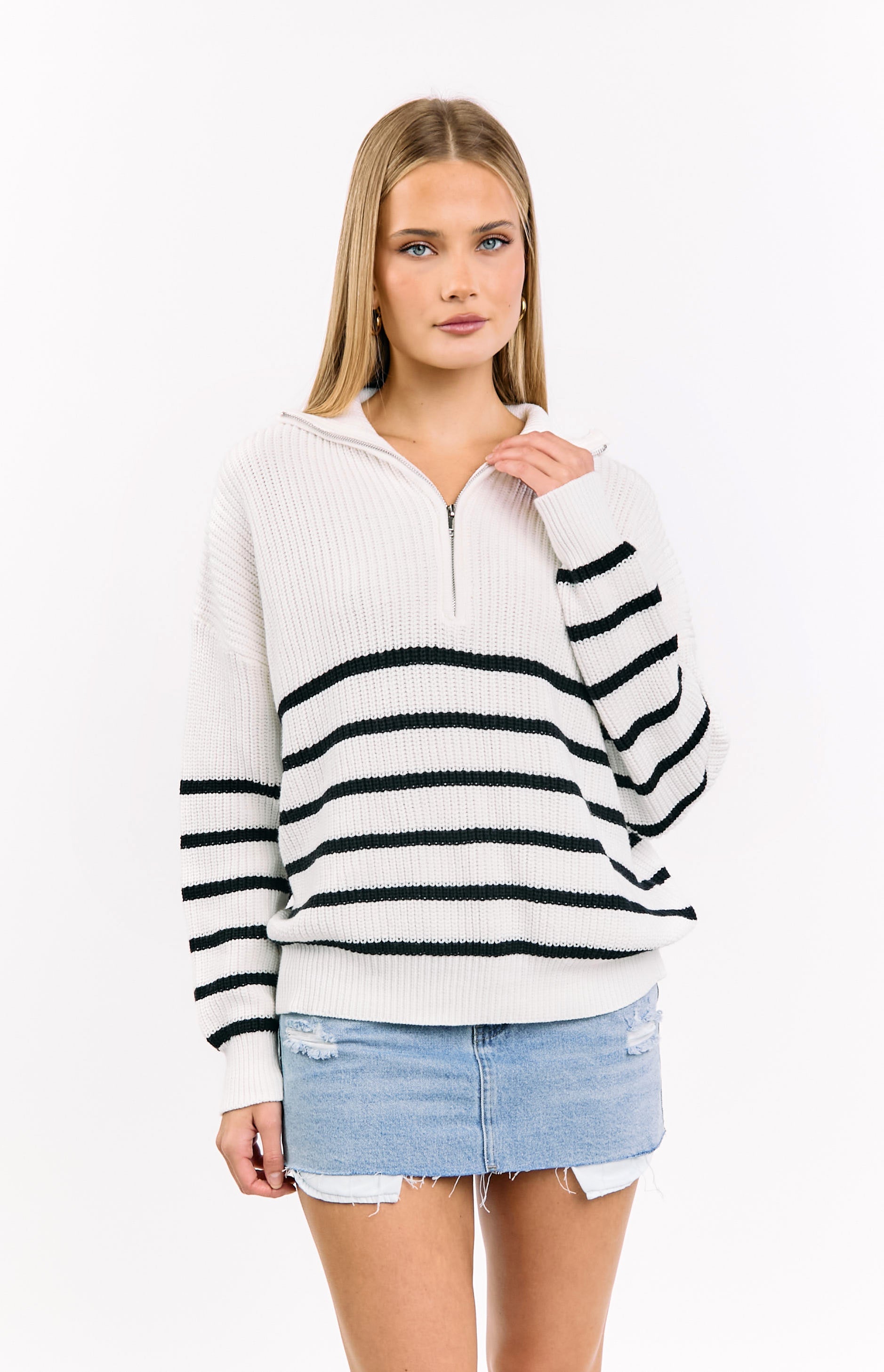 Copenhagen Cream Stripe Quarter Zip Knit Jumper Image