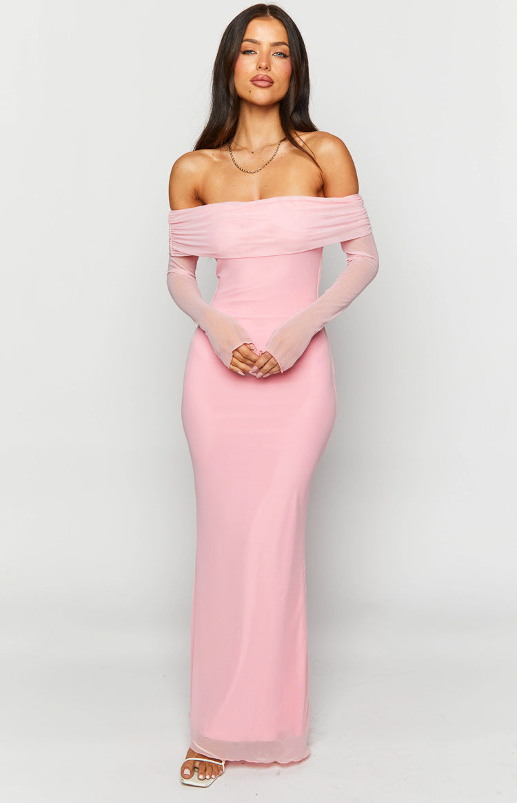 Pink off-shoulder maxi dress with ruched mesh neckline and sheer long sleeves with thumbholes
