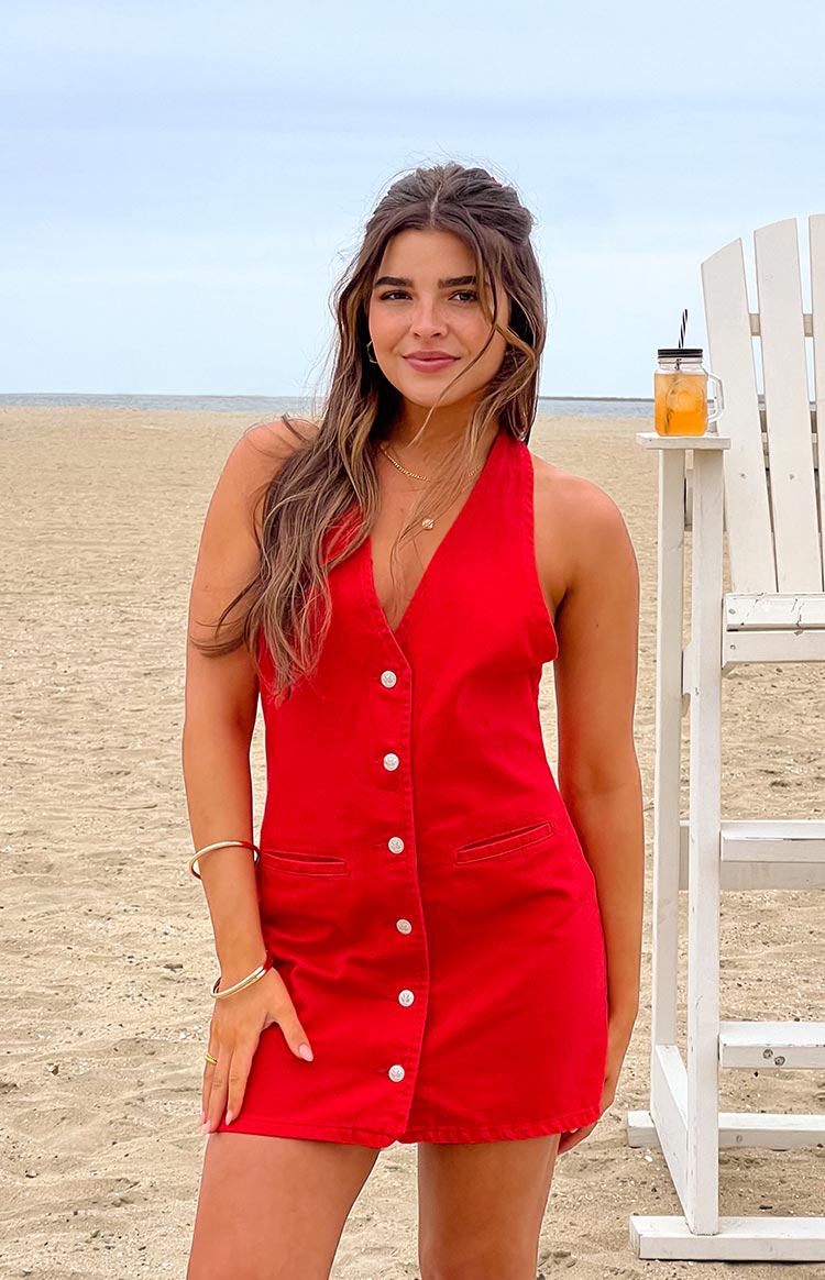 Beginning Boutique Corbin Red Denim Halter Neck Mini Dress red denim halter neck mini dress with white button front and V-neck