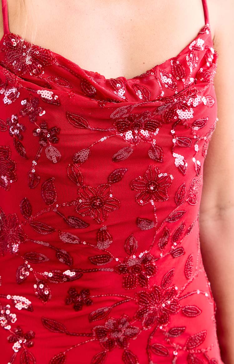 Close-up of the red sequin and beaded floral pattern on the cowl neckline
