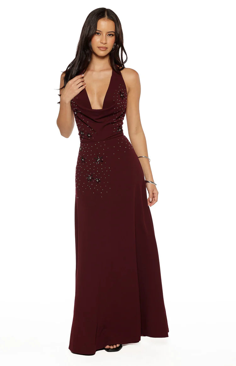 Beginning Boutique Corey Burgundy Beaded Crepe Maxi Dress burgundy crepe halter cowl neck maxi dress with silver beads and black sequin flowers