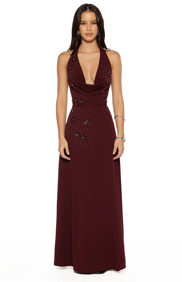 Burgundy crepe maxi dress with a deep cowl halter neckline and scattered silver and black bead embellishments