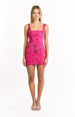 Hot pink bodycon mini dress featuring a square neckline and thick straps with all-over floral and geometric beading