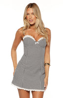 Beginning Boutique Cutie Black Gingham Mini Dress black gingham mini dress with sweetheart neckline white lace trim and thin