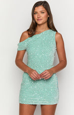 Front view of a fitted teal sequin mini dress with an asymmetrical neckline, featuring one short off-shoulder sleeve