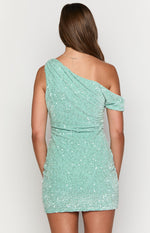 Rear view of a teal sequin mini dress with a one-shoulder design and ruched back detail