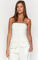 Beginning Boutique Dien White Strapless Button Up Top white structured strapless button-up top with faux flap pockets