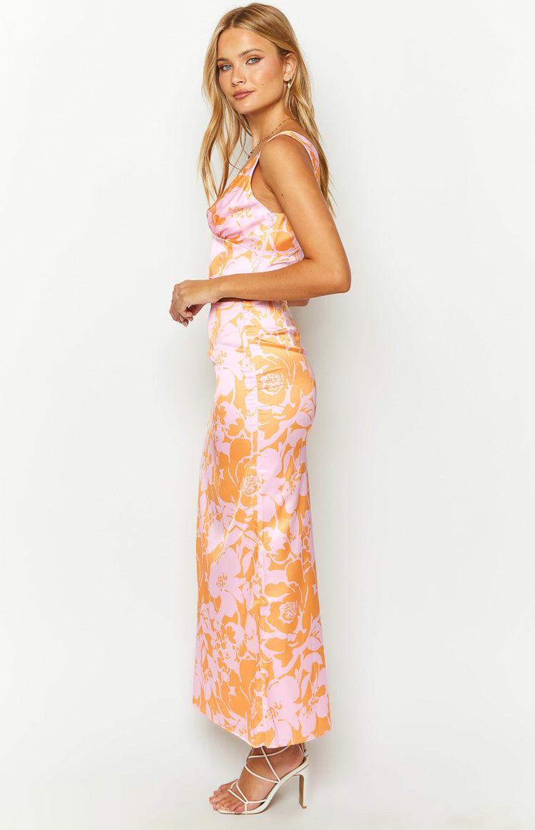 Dahlia Orange And Pink Floral Print Maxi Skirt Beginning Boutique NZ