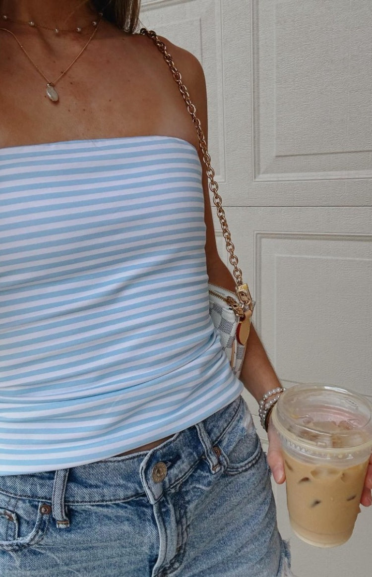Beginning Boutique Daisy Blue Striped Tube Top blue and white striped strapless fitted knit tube top