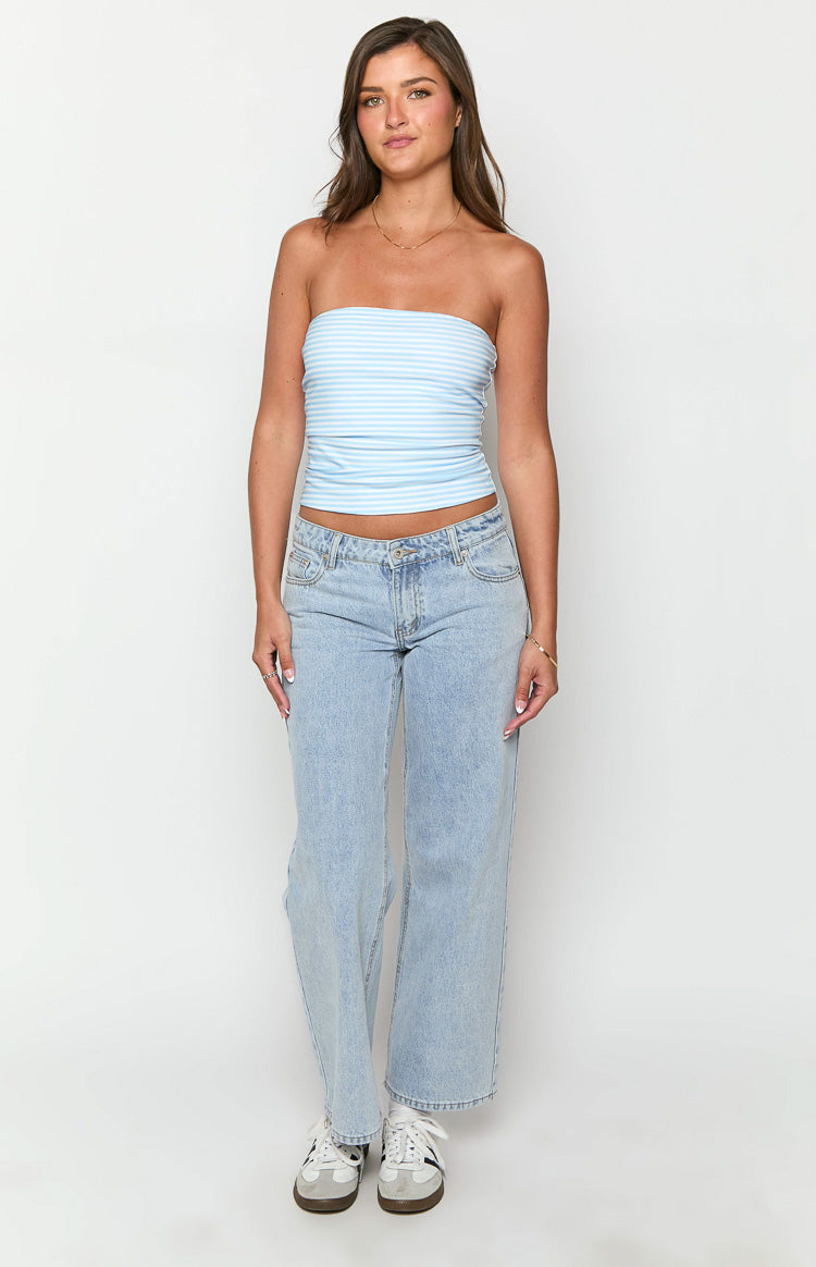 Front view of a light blue and white horizontal striped tube top with a fitted cropped silhouette