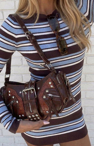 Beginning Boutique Dakota Brown PU Silver Hardwear Shoulder Bag brown PU with silver studs, zippers, buckles, and croc-emboss
