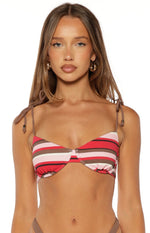 Front view of the pink multi-stripe underwire bikini top with tie-shoulder straps and ribbed texture