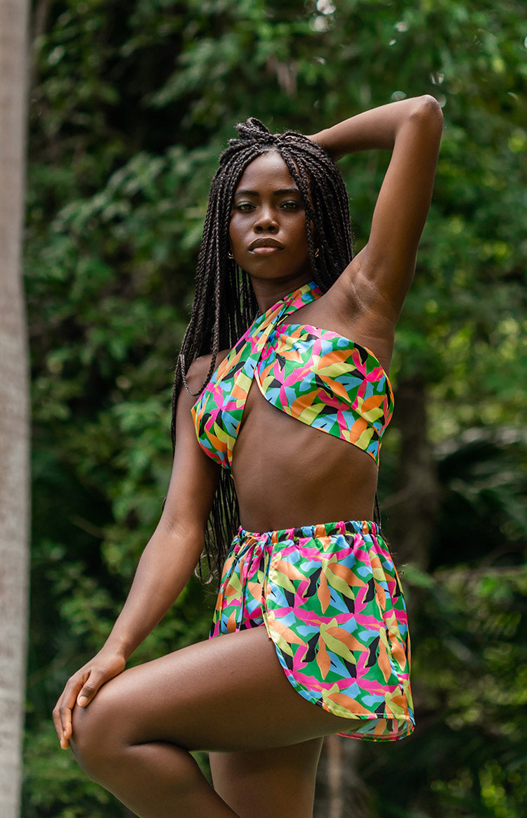 Multicoloured tropical leaf print satin shorts with a gathered elasticated waistband