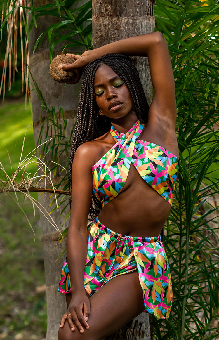 Tropical print satin wrap shorts with an elasticated drawstring waist and scalloped hem