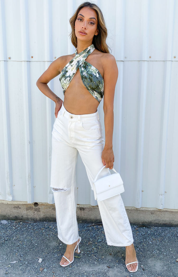 Multi-coloured green and white abstract print criss-cross halter neck crop top with midriff cutout