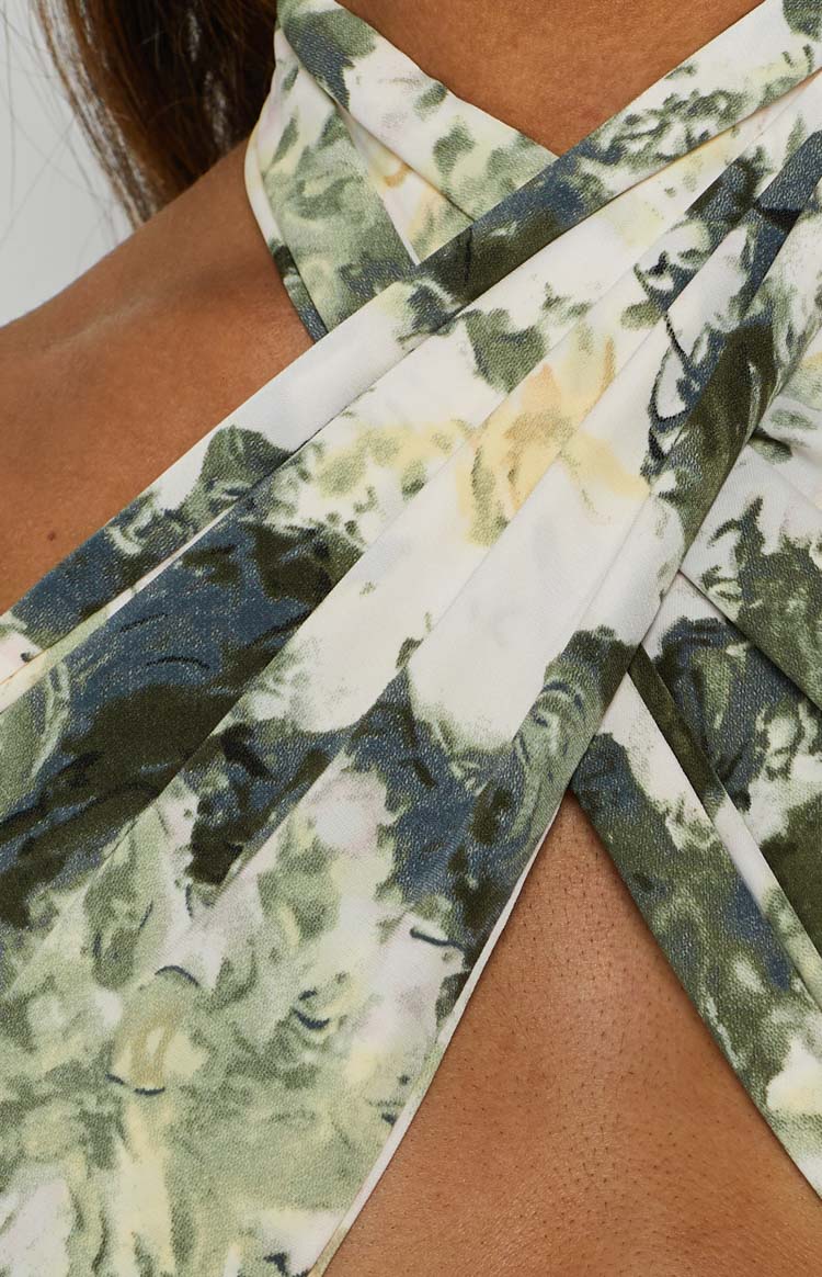 Multi-colour abstract print scarf top with a criss-cross halter neckline and cropped fit