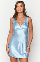 Beginning Boutique Daphne Light Blue Satin Mini Dress light blue satin V-neck mini dress with ruched bust