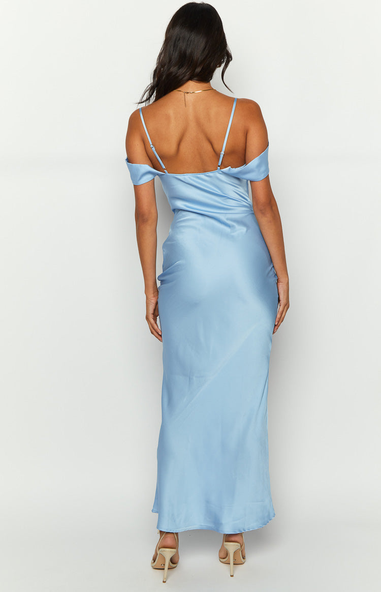 Side view of a light blue maxi dress with off-shoulder sleeves and thin spaghetti straps