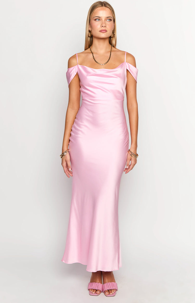 Pink satin maxi dress with a draped cowl neckline and off-shoulder short sleeves, featuring thin spaghetti straps