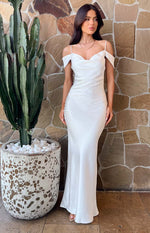 White satin maxi formal dress with a draped cowl neckline, delicate spaghetti straps, and off-shoulder sleeves