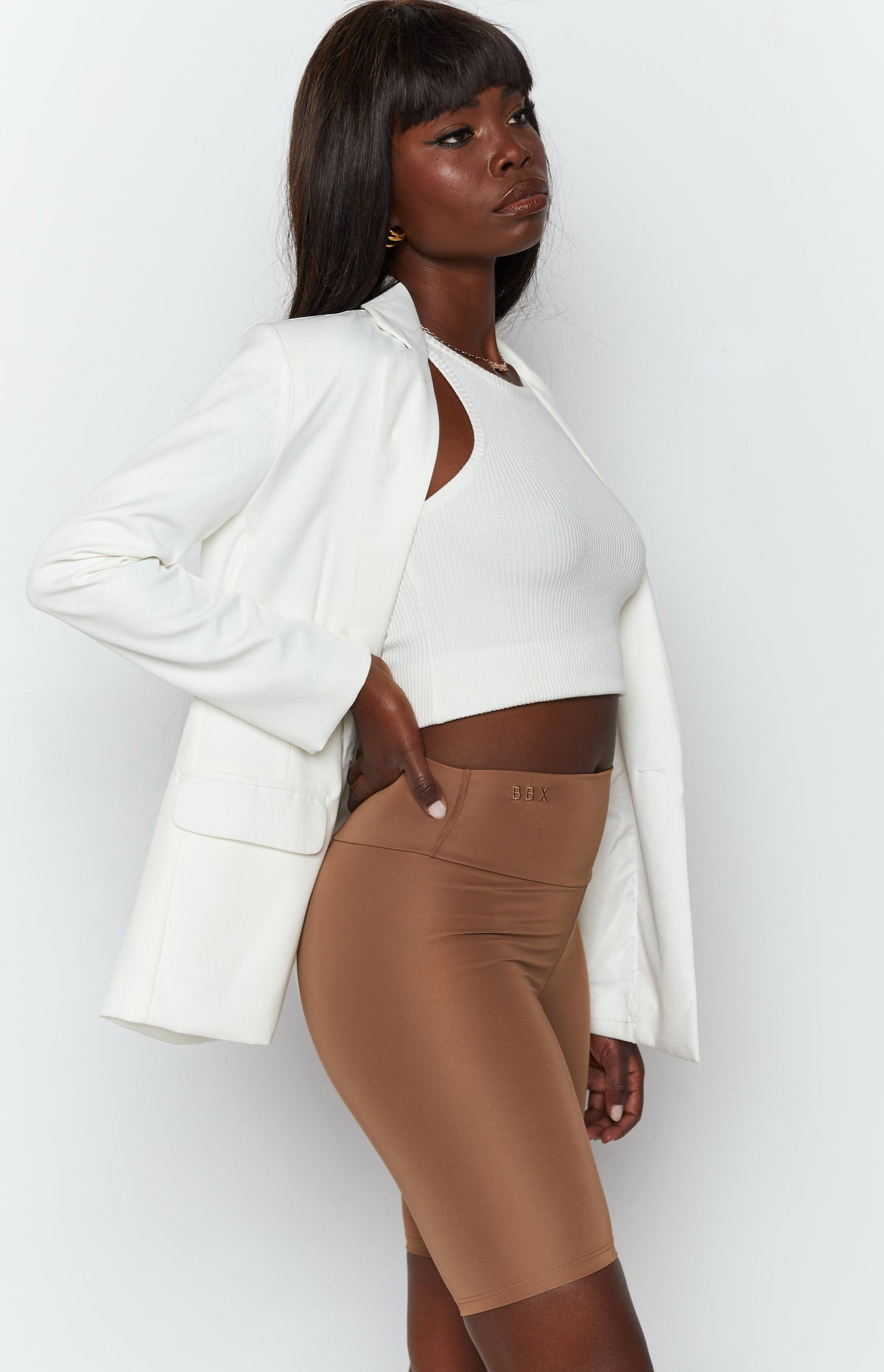 Toffee high-waisted bike shorts with a smooth stretch fabric and a subtle BBX logo on the waistband