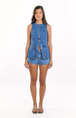 Dawson Mid Wash Denim Button Down Vest Top Image