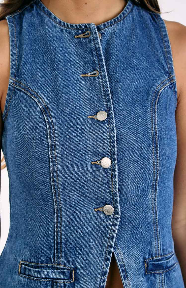 Dawson Mid Wash Denim Button Down Vest Top Image
