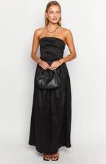 Black strapless maxi dress with a ruched bodice and a full pleated skirt in a textured fabric