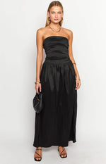 Black strapless maxi dress featuring a ruched bodice and a full, textured skirt