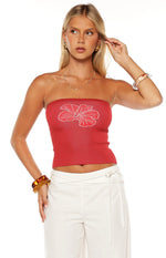 Deja Red Knit Hibiscus Strapless Tube Top