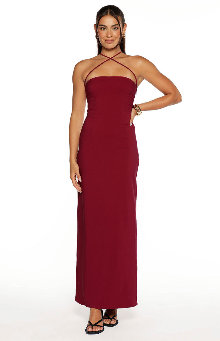 Burgundy crepe maxi dress with a strapless neckline and criss-cross halter straps
