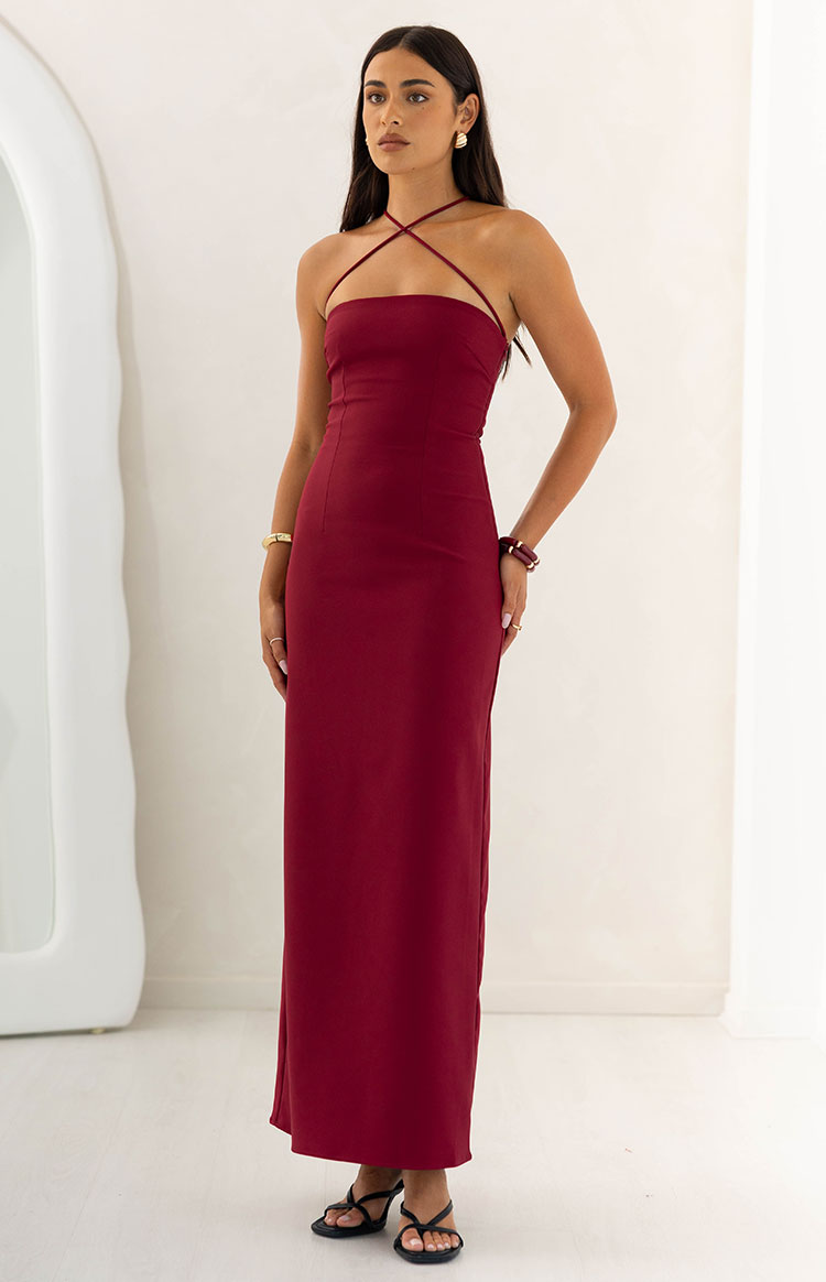 Beginning Boutique Del Mar Burgundy Crepe Formal Maxi Dress burgundy crepe strapless maxi dress with criss-cross straps