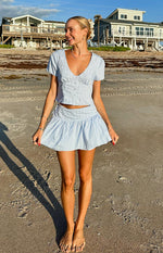 Della Blue Stripe Tie Waist Reversible Skirt