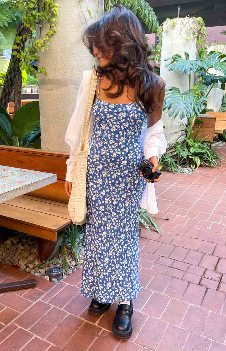 Beginning Boutique Delphine Blue Floral Midi Dress blue floral square neck spaghetti strap midi dress
