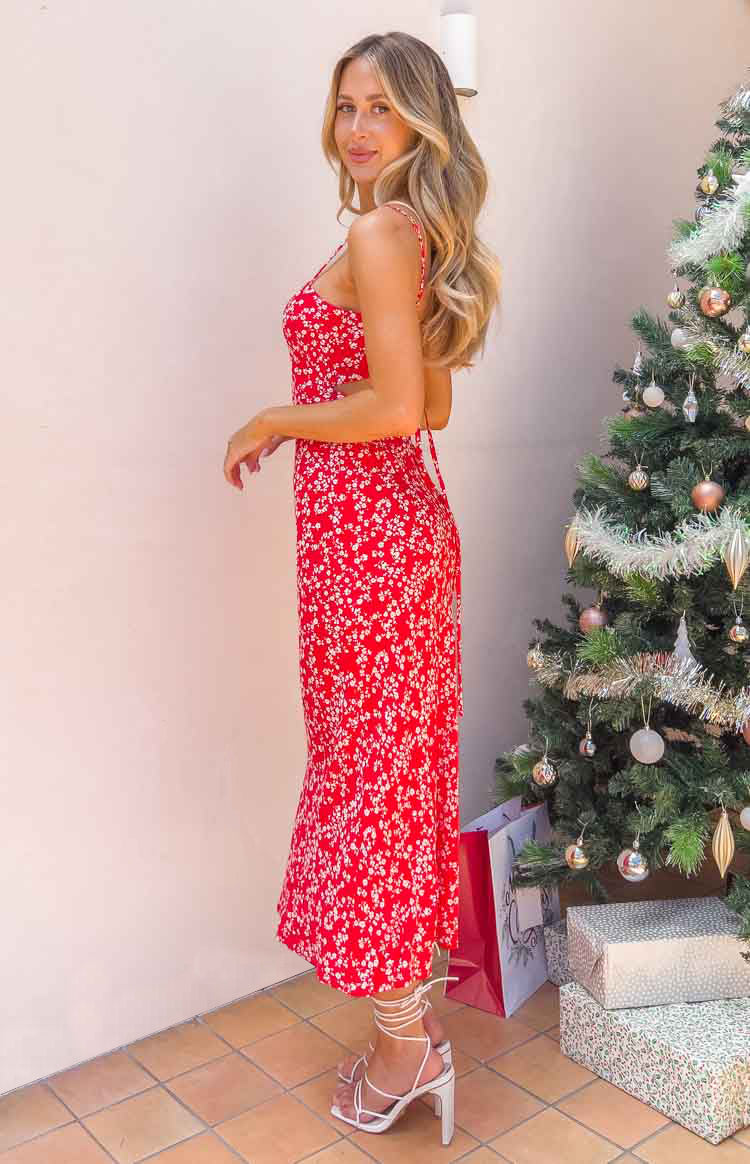 Delphine Red Floral Midi Dress Image